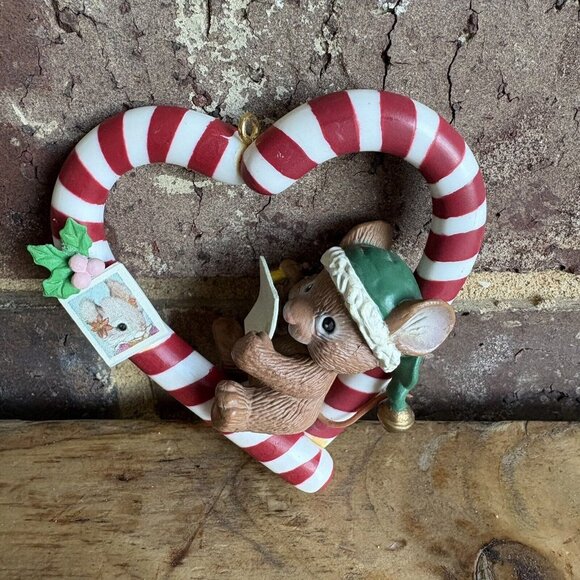 Whimsical Heart Shaped Candy Cane Mouse Ornament Hat & Bell Vintage Christmas - Picture 1 of 4